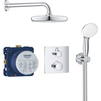Набор для комплектации душа GROHE GROHTHERM: встраиваемый Термостатический смеситель с переключателем верхний-ручной душ, круглая розетка, верхний душ RSH Cosmo 160 с кронштейном, ручной душ Euphoria с подключением и шлангом, хром (34735000)